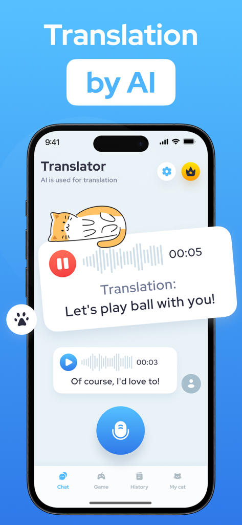 Cat Translator – Pet to Human - Interfaccia dell'app Cat Translator che mostra la traduzione IA dei suoni dei gatti in linguaggio umano.