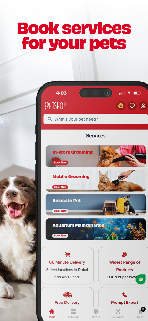 ThePetshop.com - ThePetshop app interface for booking pet grooming and relocation services