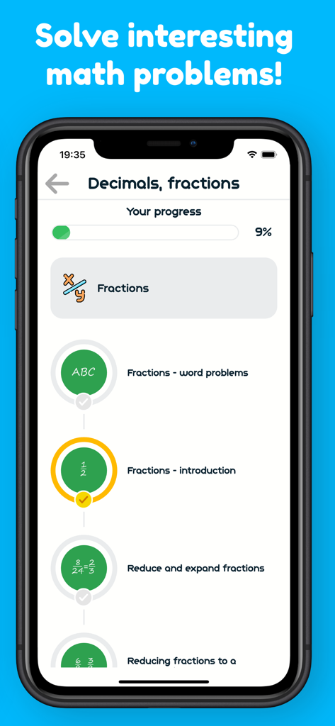 A mobile screen showing math lessons for fractions and decimals with a progress bar and unlocked levels.
