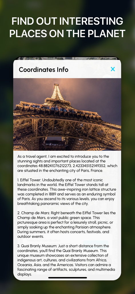 Live Earth Map 3D app screen showing coordinates and historical information for the Eiffel Tower in Paris
