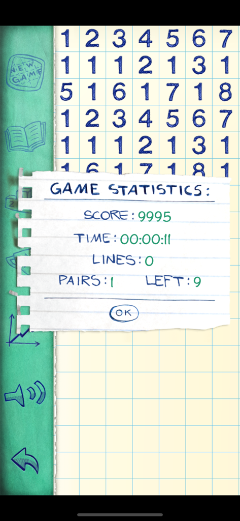 Numberama 2 - A statistics screen in Numberama 2 showing the score, time, and pairs remaining over a hand-drawn grid of numbers.