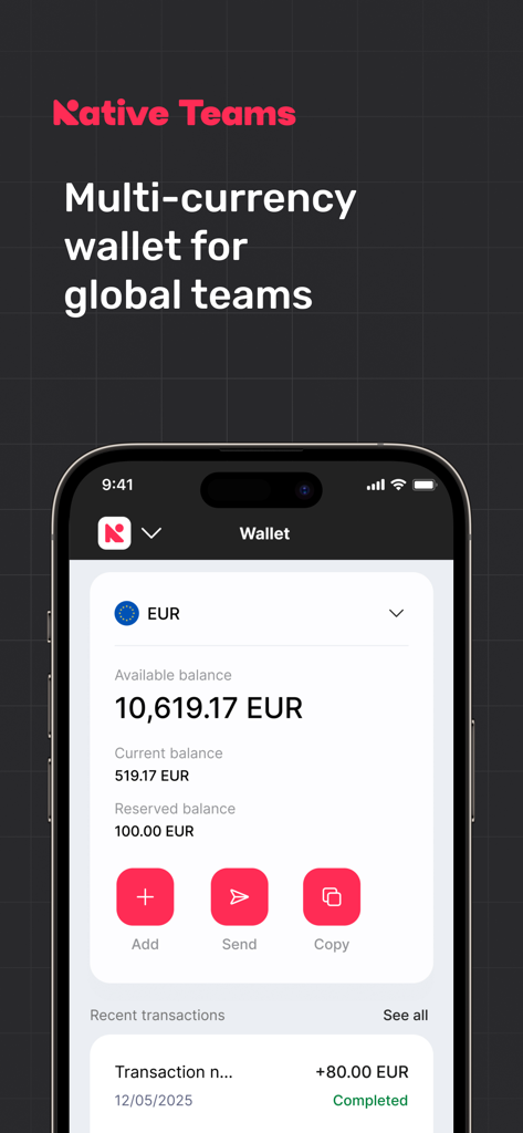 Native Teams - Native Teams app screenshot showing a multi-currency wallet with a Euro balance and options to add or send money.