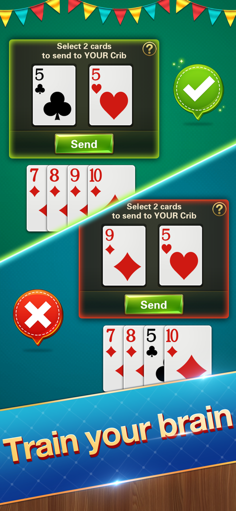 A screen from the Cribbage game showing card selection for the crib with the headline Train your brain