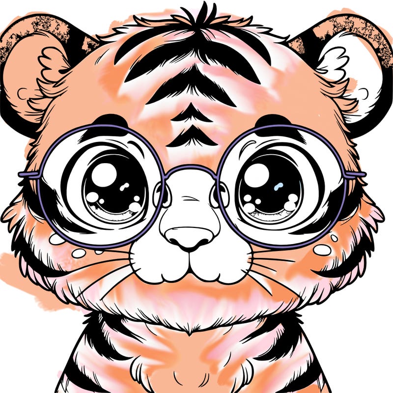 cute grown up realistic tiger with round glasses