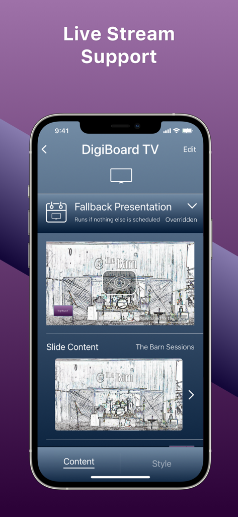 DigiBoard Remote - DigiBoard Remote app interface on an iPhone showing live stream support and digital signage content management for businesses.