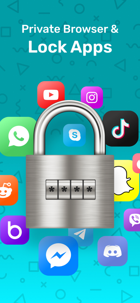 Dual Space Multiple Accounts - A metal padlock securing various social media and messaging app icons with the text Private Browser and Lock Apps