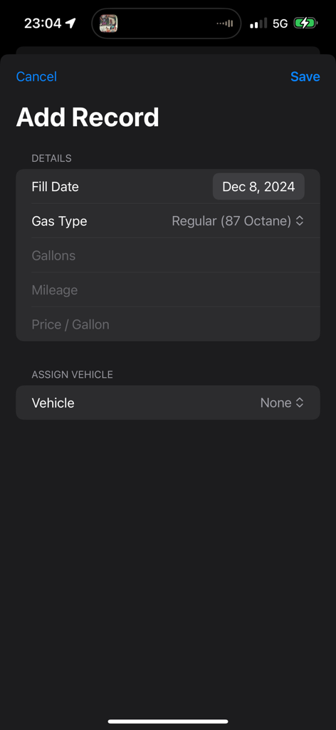 Pure Gas - Screen for adding a fuel record including fields for gas type and mileage in the Pure Gas app