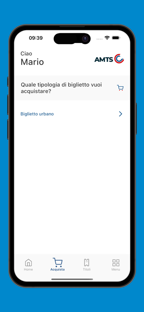 AMTS Smart Ticketing - Interfaz de la aplicación móvil AMTS Smart Ticketing que muestra la pantalla de selección de billetes para el transporte urbano en Catania.