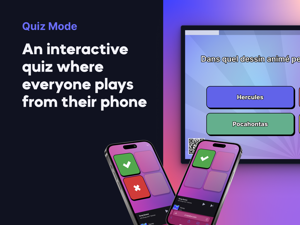 KaraFun Business - Modo de trivia musical interactiva de la aplicación KaraFun Business con jugadores usando smartphones para participar.