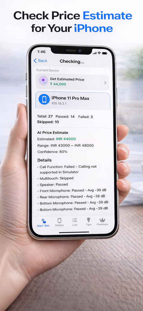 Phone Diagnostics, Check Price - Pantalla de iPhone que muestra una estimación de precio de reventa con IA y resultados de prueba de hardware después de una verificación de diagnóstico
