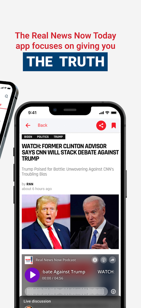 Real News Now Republican News - Real News Now app interface displaying conservative political news and the truth slogan
