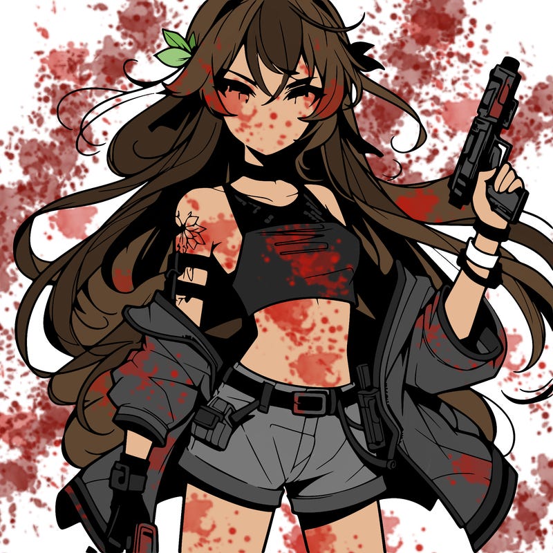 bad girl wearing crop top holding a gun long hair anime
