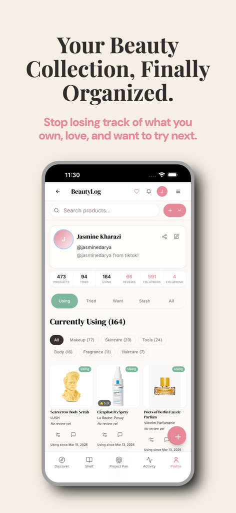 BeautyLog: Beauty Tracker - A screenshot of the BeautyLog app showing a user profile and an organized inventory of skincare and makeup products.