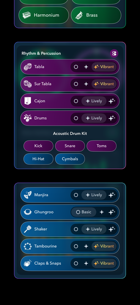 NaadSadhana | Sing Play Record - タブラ、カホン、ドラムなどのリズム＆パーカッション楽器の選択が表示されたNaadSadhanaアプリのインターフェース。