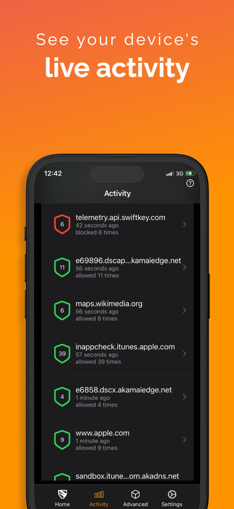 Ad Blocker VPN & DNS – Blokada - A mobile interface showing a live log of blocked and allowed network requests in the Blokada app.