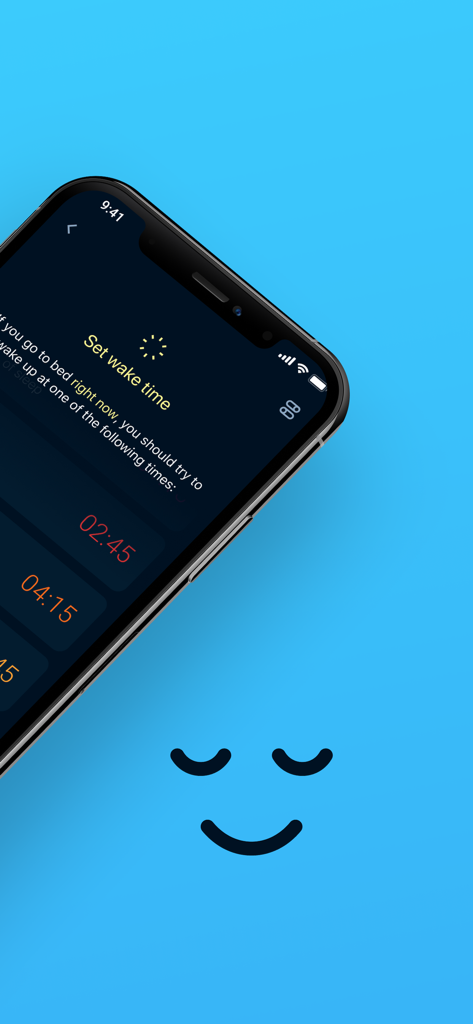 Sleep Timer – Smart alarm - Interfaz de la aplicación Sleep Timer que muestra las horas de despertar recomendadas basadas en ciclos de sueño científicos