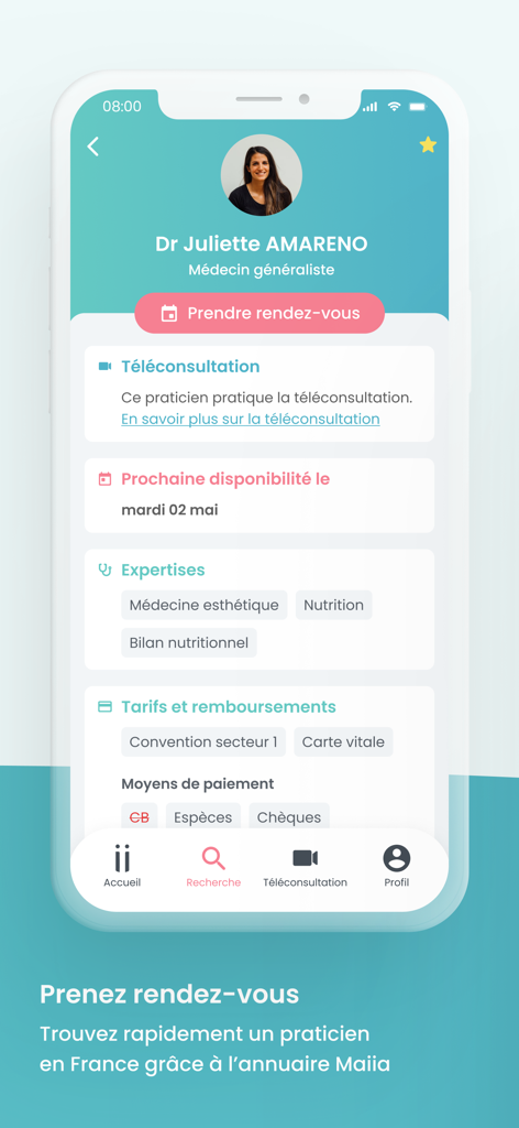 Maiia - Téléconsultation & RDV - Screenshot of the Maiia app displaying a doctor's profile with a button to book an appointment and teleconsultation details