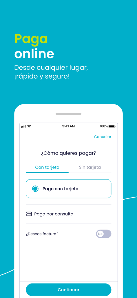 Auna - Auna app interface showing a mobile screen with online payment options in Spanish for medical services.