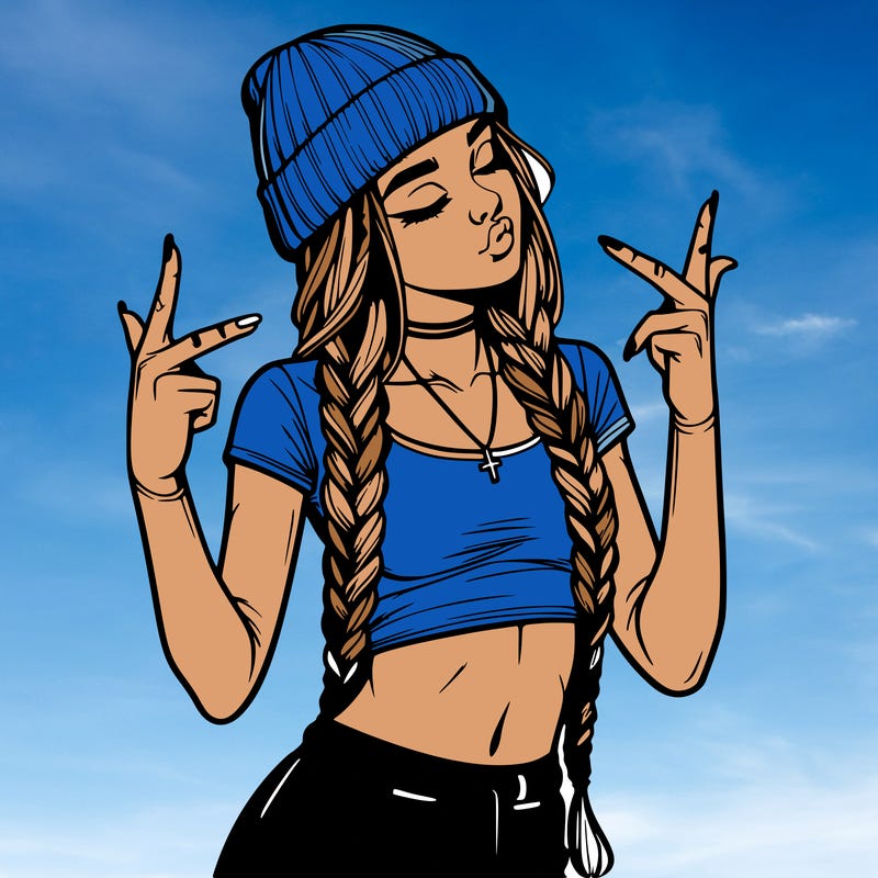 realistic teenage girl with braids and a beanie and crop top doing 🫶🏼