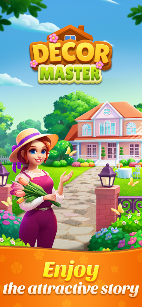 Decor Master:Villa - A woman holding tulips in front of a large pink villa in the Decor Master game.