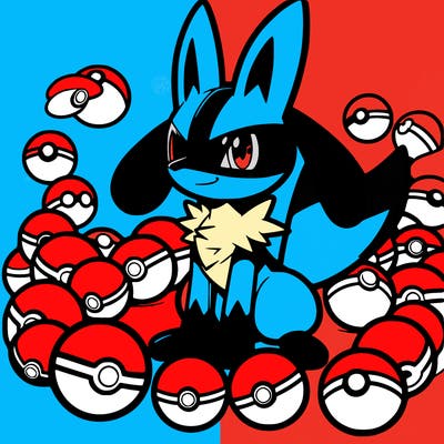 lucario with pokeballs around it