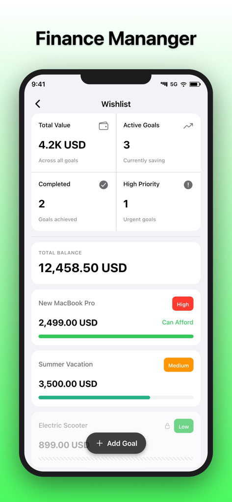 Money Manager: Budget Planner! - Money Manager app wishlist screen showing financial goals for a MacBook and summer vacation with progress tracking bars