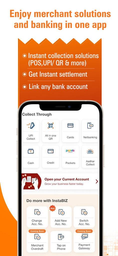 InstaBIZ app screen showing merchant collection solutions and business banking options