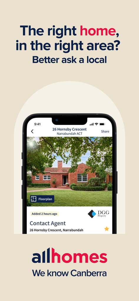 Allhomes Real Estate - A smartphone showing a property listing in Canberra on the Allhomes Real Estate mobile app with the tagline Better ask a local.