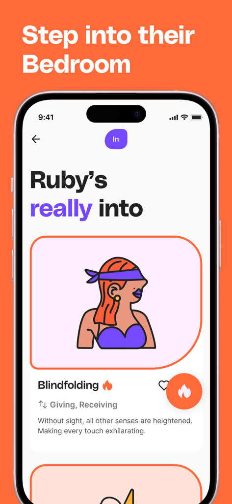 HUD™ Bedroom Dating App - Pantalla de perfil de la aplicación de citas HUD que muestra preferencias personales en el dormitorio como el uso de vendas.