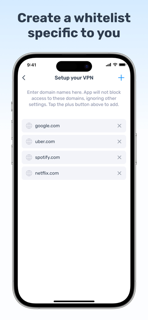 Cipher VPN  - Proxy Master - Cipher VPN app screen showing the custom domain whitelist setup on an iPhone.