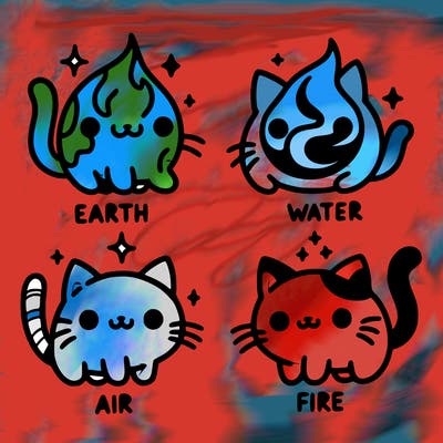 4 cats that represent the different elements, earth, water, air, and fire