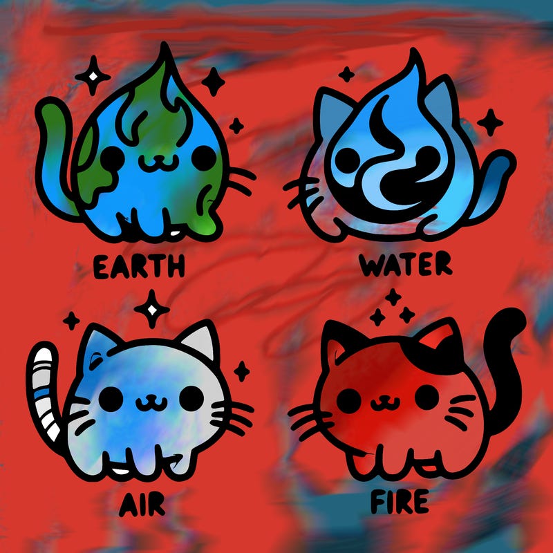 4 cats that represent the different elements, earth, water, air, and fire