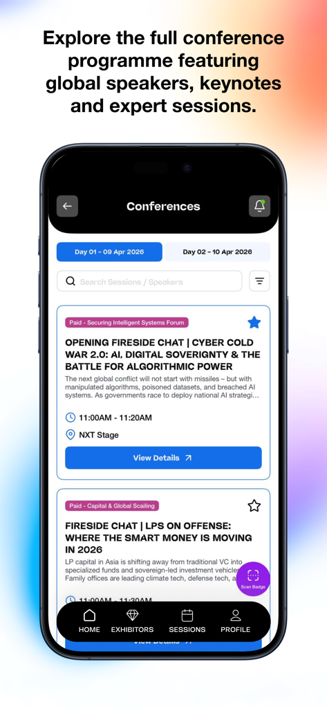 GITEX AI ASIA 2026 - Tela do aplicativo GITEX AI ASIA 2026 mostrando o programa da conferência e sessões com especialistas