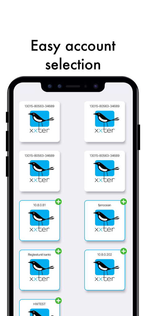 xxter - Um smartphone exibindo a interface de seleção de conta do aplicativo xxter.