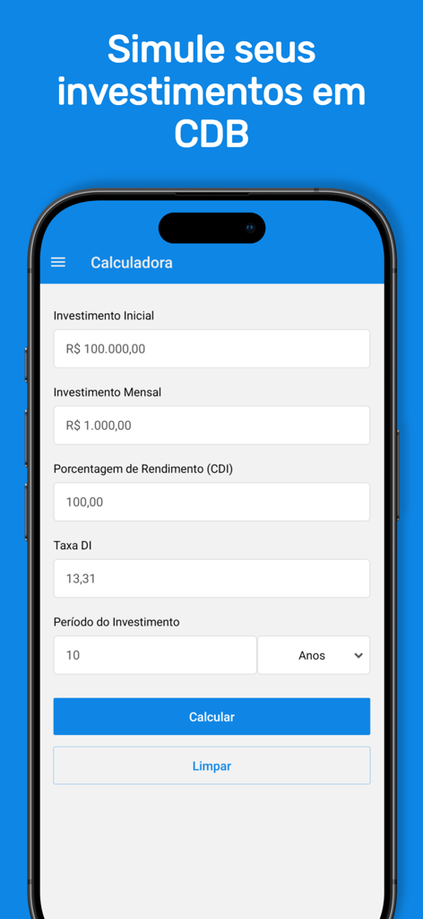 Interface da calculadora de investimentos CDB com campos para valores e taxas de juros