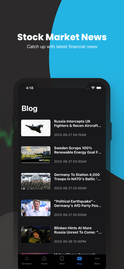 Interface mostrando as últimas notícias do mercado de ações e postagens de blog financeiro