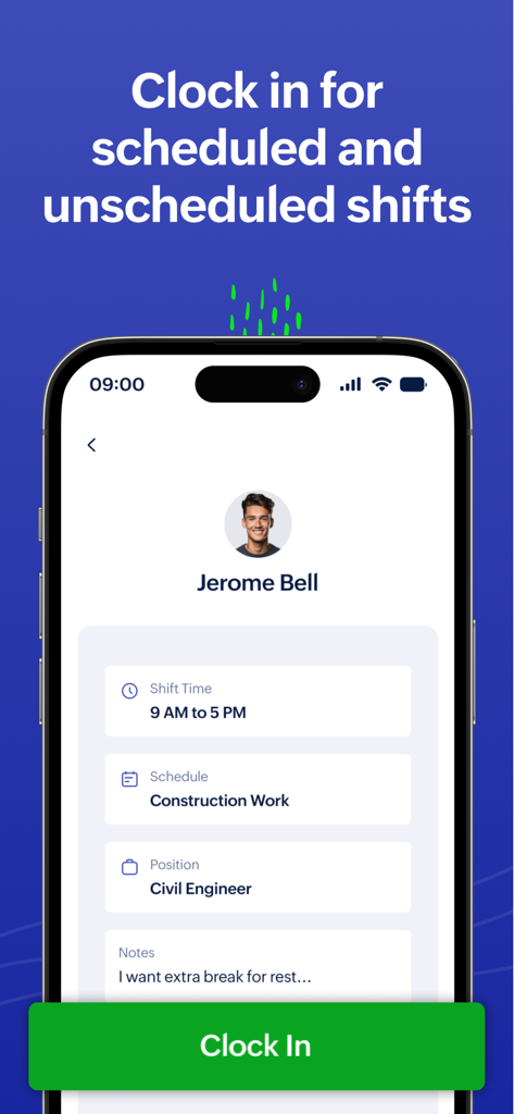 Zoho Shifts Kiosk app interface showing a shift clock in screen for an employee with schedule and position details