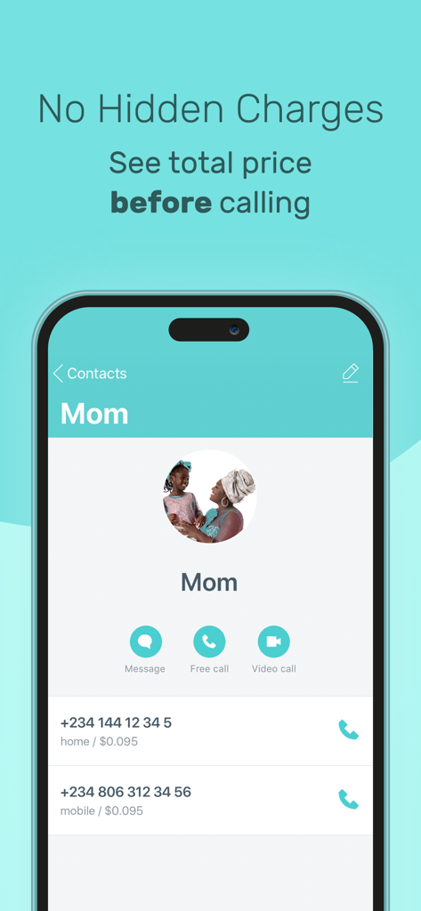 International Calling - Yolla - Yolla-App-Oberfläche, die transparente internationale Anruftarife nach Nigeria für einen Kontakt namens Mom zeigt.