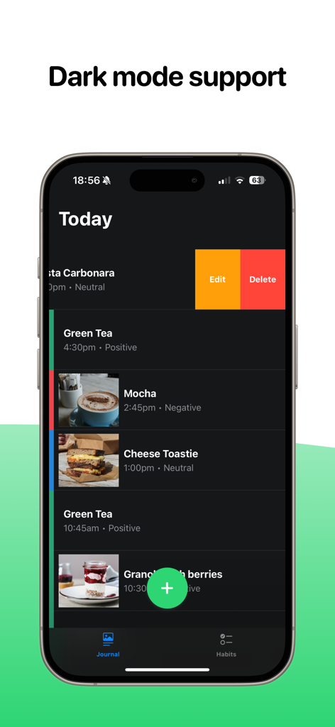 Simple Food Tracker - Simple Food Tracker mobile app interface in dark mode displaying a daily food journal with meal photos and mindful ratings.
