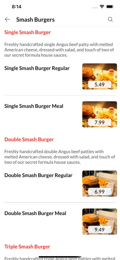 Smash N Sizzle - Smash N Sizzle restaurant app showing burger menu items and prices