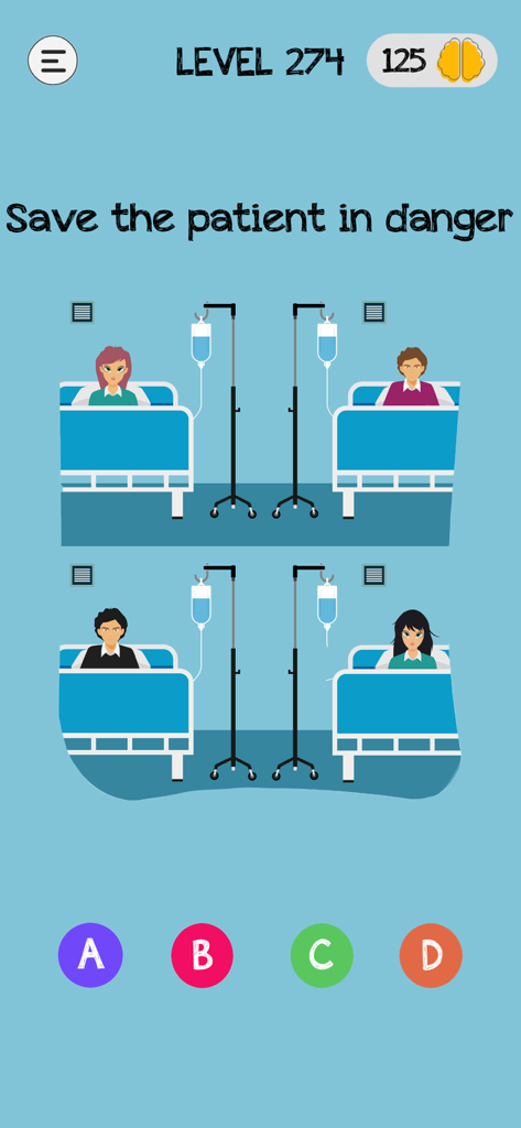 Braindom: Brain Games Test Out - Captura de pantalla del juego Braindom mostrando un acertijo pidiendo salvar al paciente en peligro con cuatro opciones.