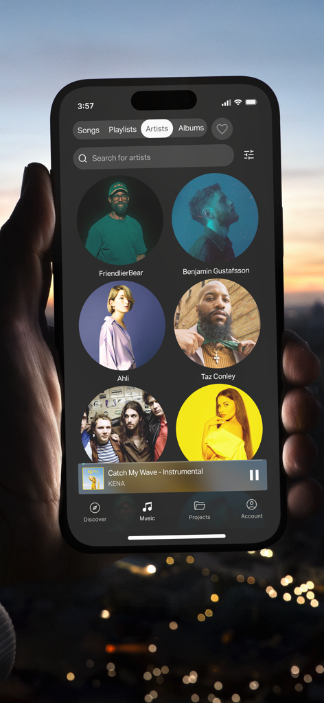iPhone screen showing the Musicbed app artist discovery section with a list of featured musicians and an active music player