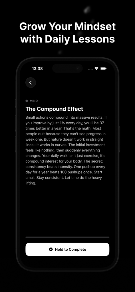 DoReset app interface showing a daily mindset lesson about the compound effect