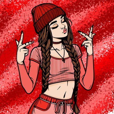 realistic teenage girl with braids and a beanie and crop top doing 🫶🏼