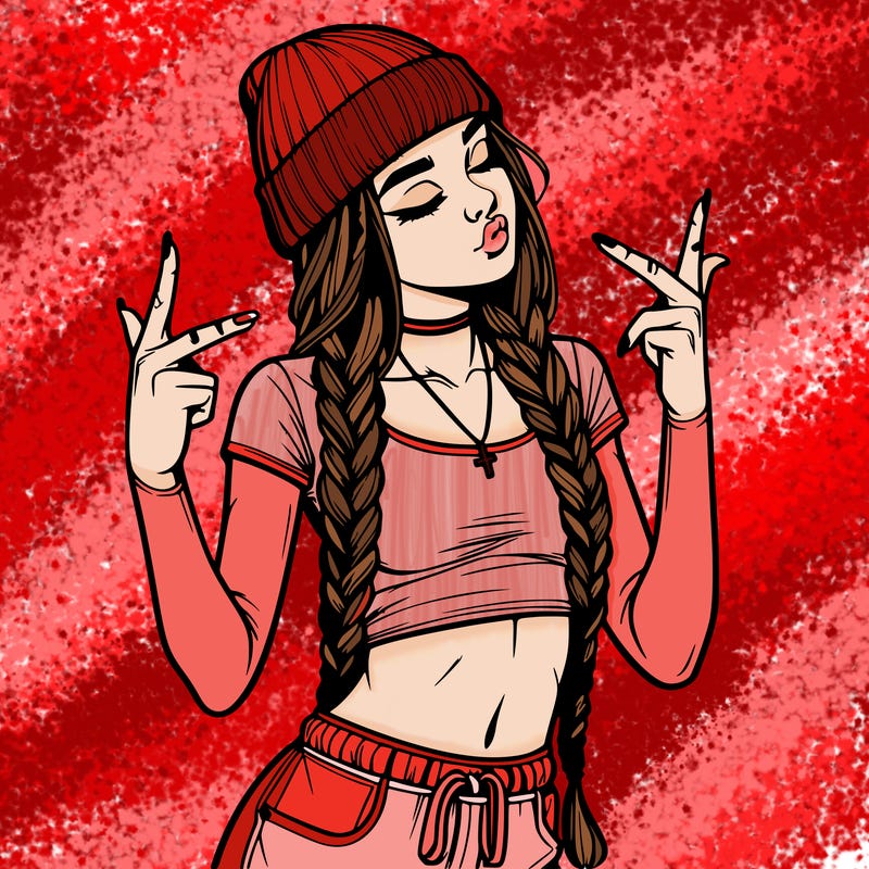 realistic teenage girl with braids and a beanie and crop top doing 🫶🏼