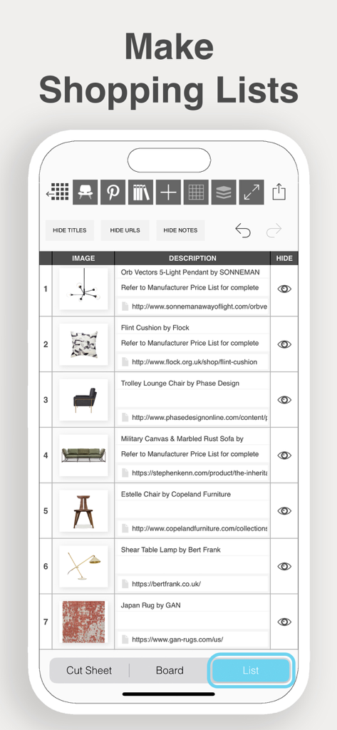 製品の説明と画像を含む詳細な家具ショッピングリストを表示するMorpholio Boardアプリのインターフェイス