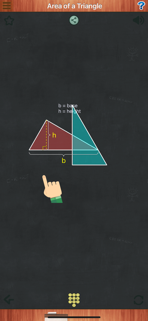 Math Animations (Grades 1-8) - Una lección visual de la aplicación Animaciones Matemáticas que explica el área de un triángulo con etiquetas de base y altura.