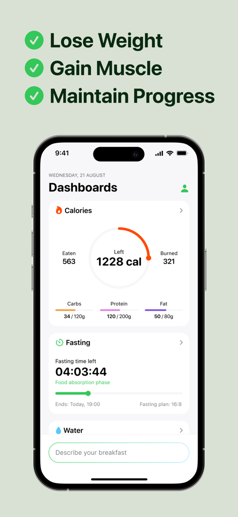 16:8・Intermittent fasting app - カロリーと断食トラッカーを示す16 8 間欠性断食アプリのダッシュボード