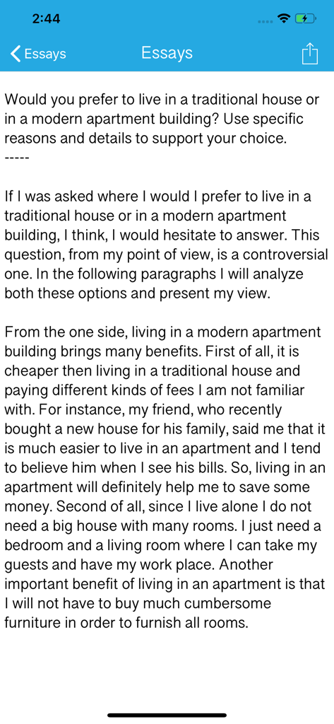 A model IELTS essay sample in the IELTS Writing Tutor app comparing a traditional house and a modern apartment.