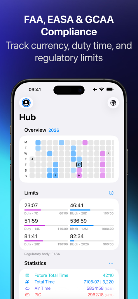 Airlog app dashboard displaying pilot duty time limits and flight activity statistics for FAA and EASA compliance